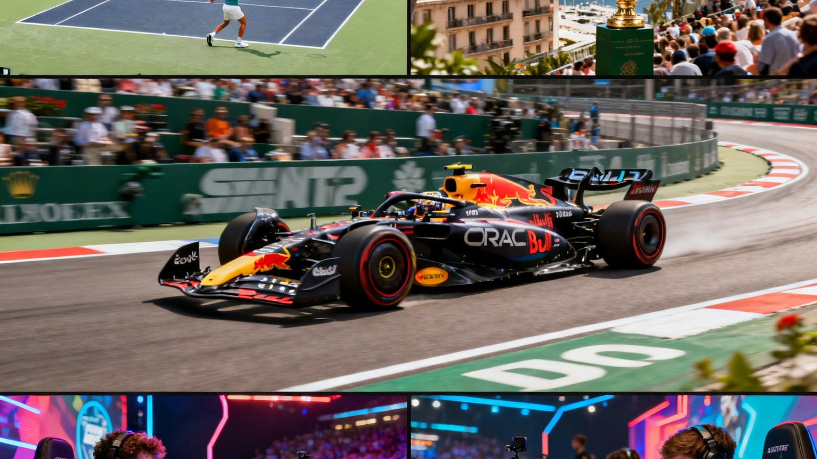 综合体育赛事直播集锦画面，包含网球大满贯比赛、F1赛车在摩纳哥赛道飞驰、以及电竞比赛舞台上选手激烈操作的多个场景组合